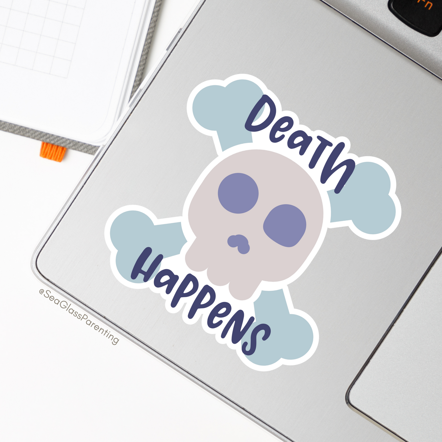 Death Happens w/Cartoon Skull—Death Positivity (vinyl sticker)