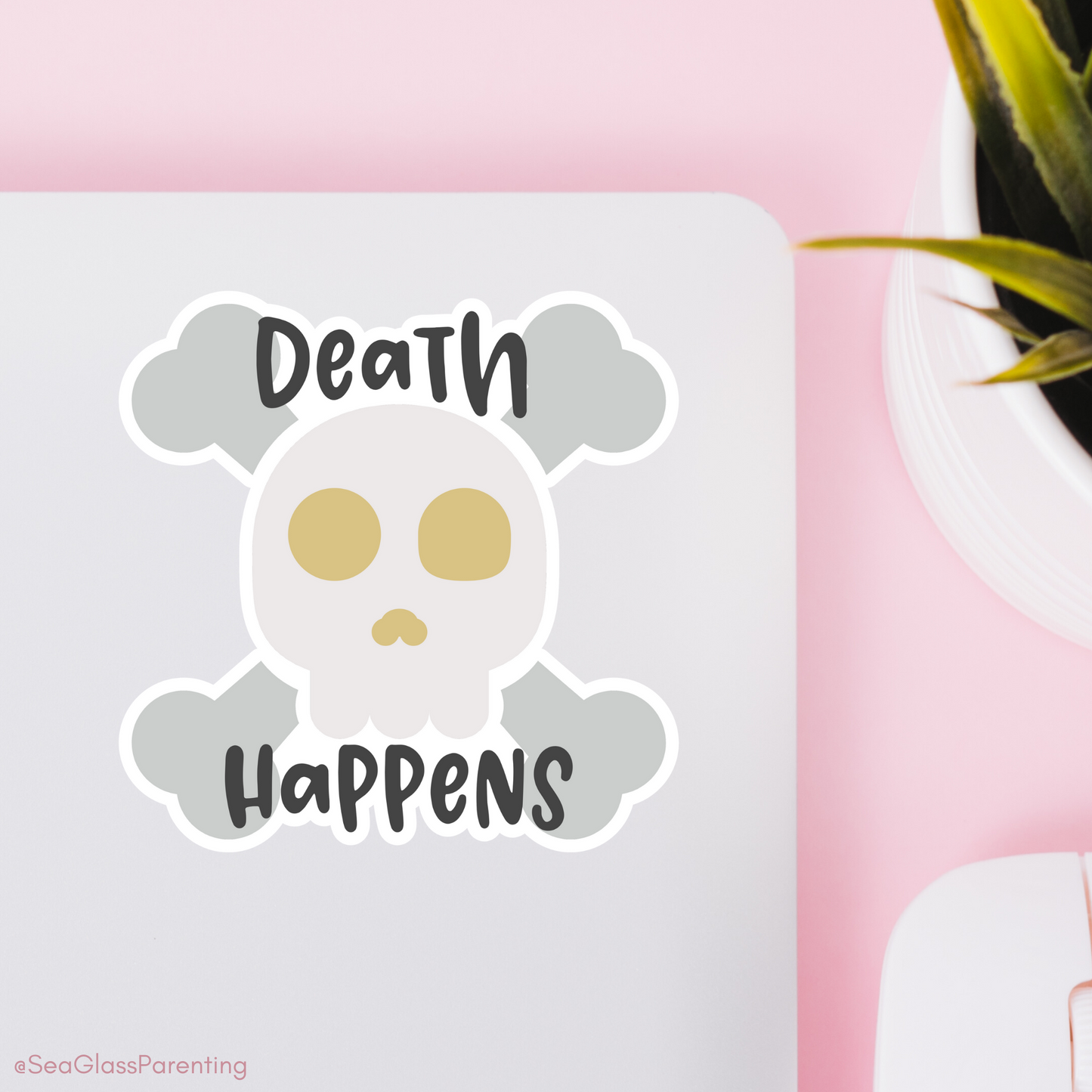 Death Happens w/Cartoon Skull—Death Positivity (vinyl sticker)
