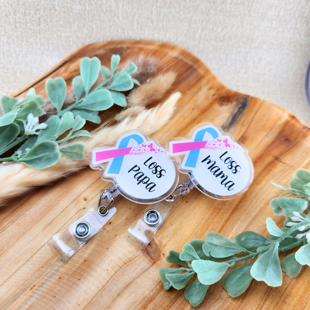 PAIL Awareness Ribbon w/Butterflies; Loss Mama/Papa—Baby Loss Awareness and Remembrance (badge reel)