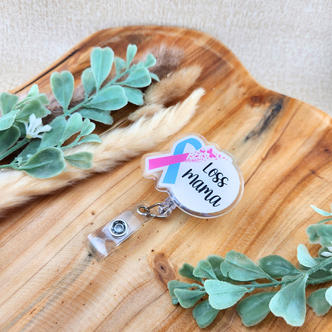 PAIL Awareness Ribbon w/Butterflies; Loss Mama/Papa—Baby Loss Awareness and Remembrance (badge reel)