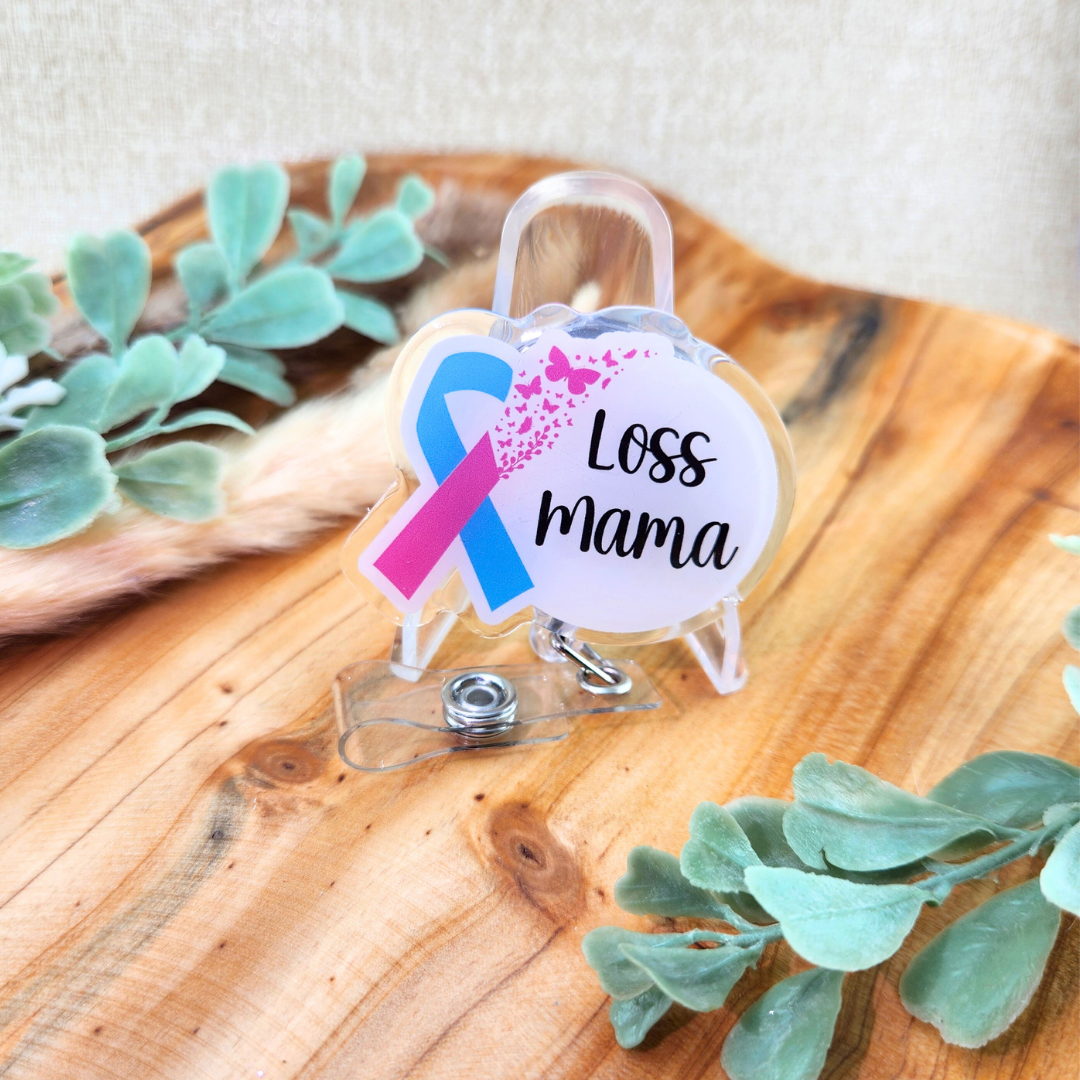 PAIL Awareness Ribbon w/Butterflies; Loss Mama/Papa—Baby Loss Awareness and Remembrance (badge reel)
