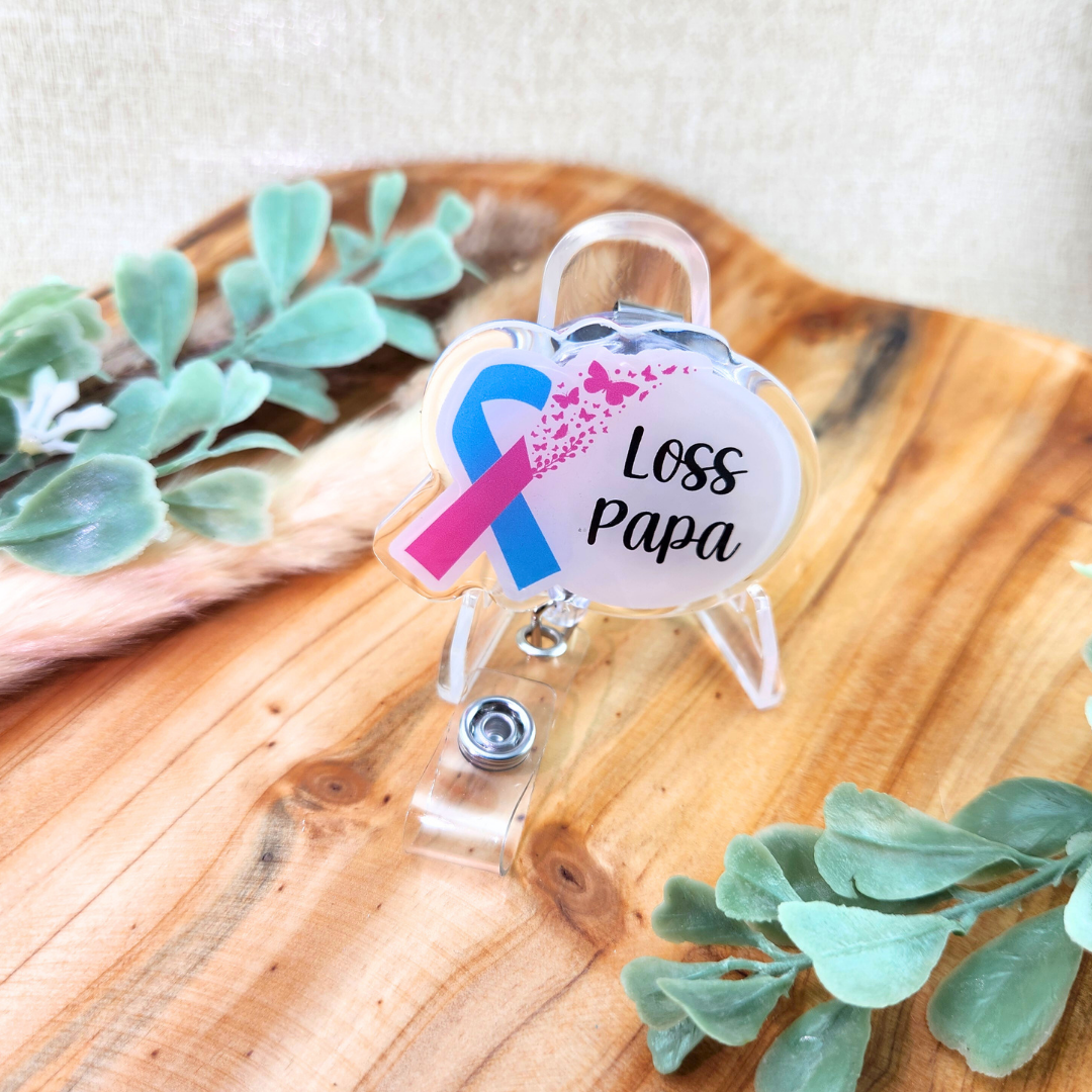 PAIL Awareness Ribbon w/Butterflies; Loss Mama/Papa—Baby Loss Awareness and Remembrance (badge reel)