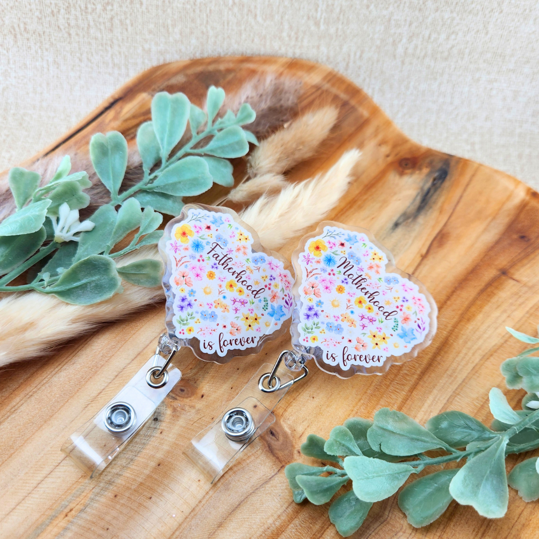 Floral Heart Motherhood/Fatherhood is Forever—Mother's Day, Father's Day (badge reel)