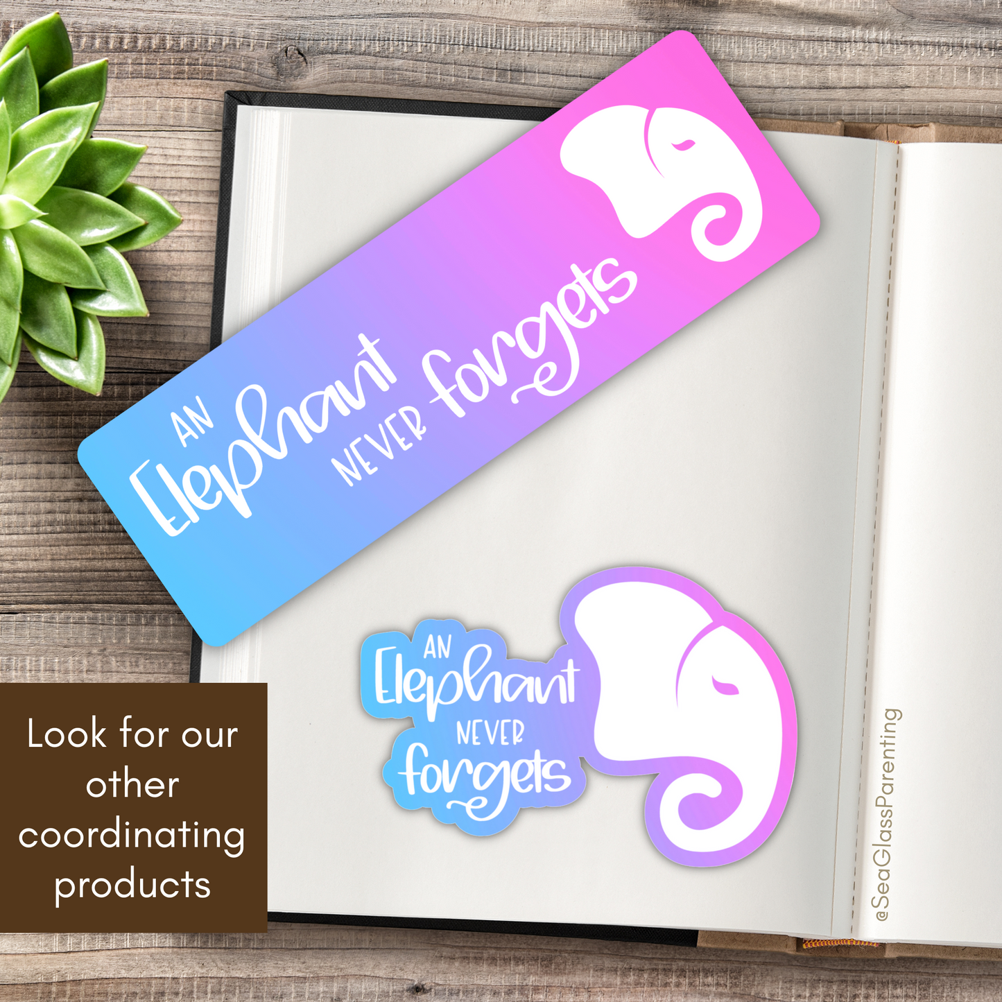 Stylized elephant head never forgets—Baby Loss Remembrance (laminated bookmark)