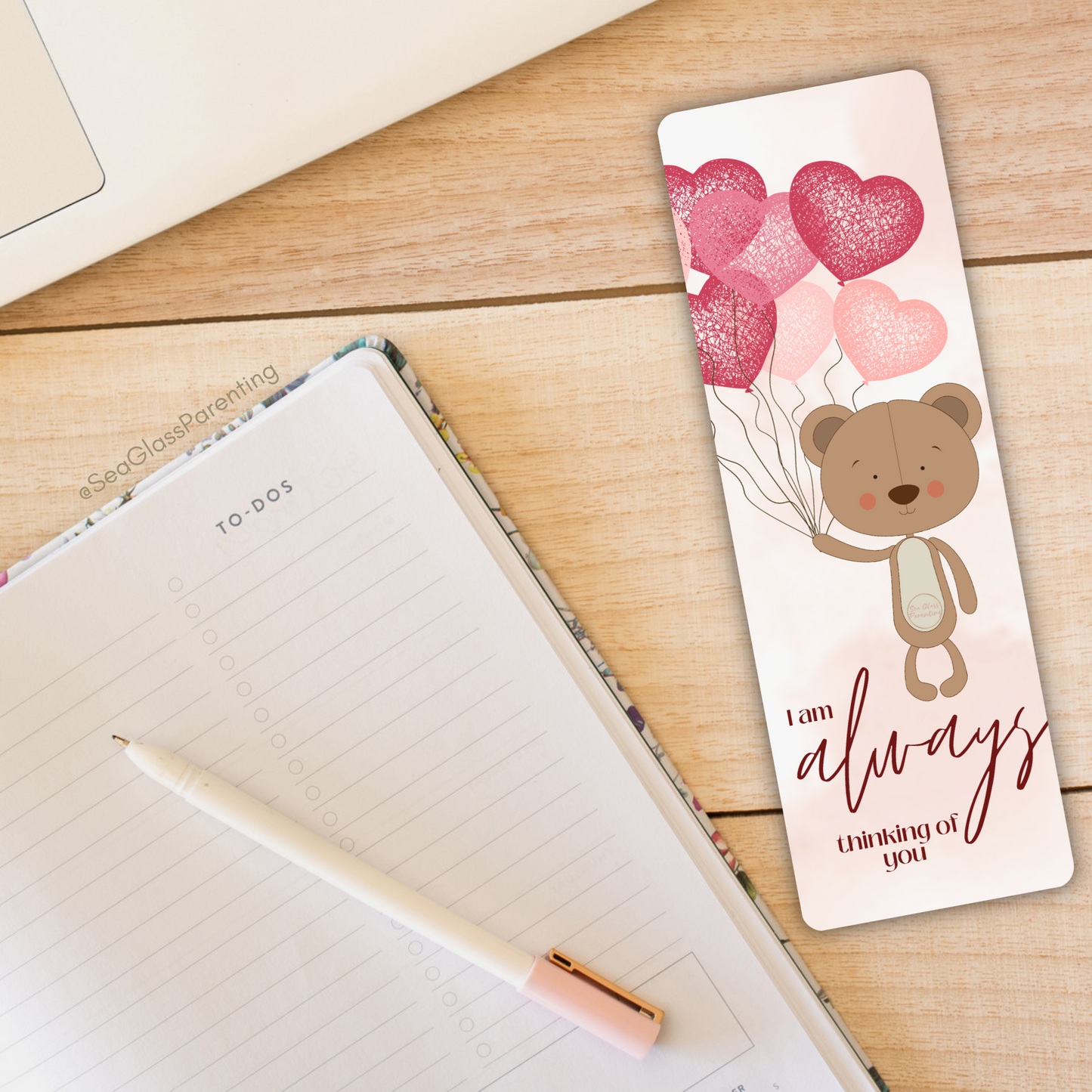 I am ALWAYS thinking of you—Baby Loss Remembrance bear with heart balloons (laminated bookmark)