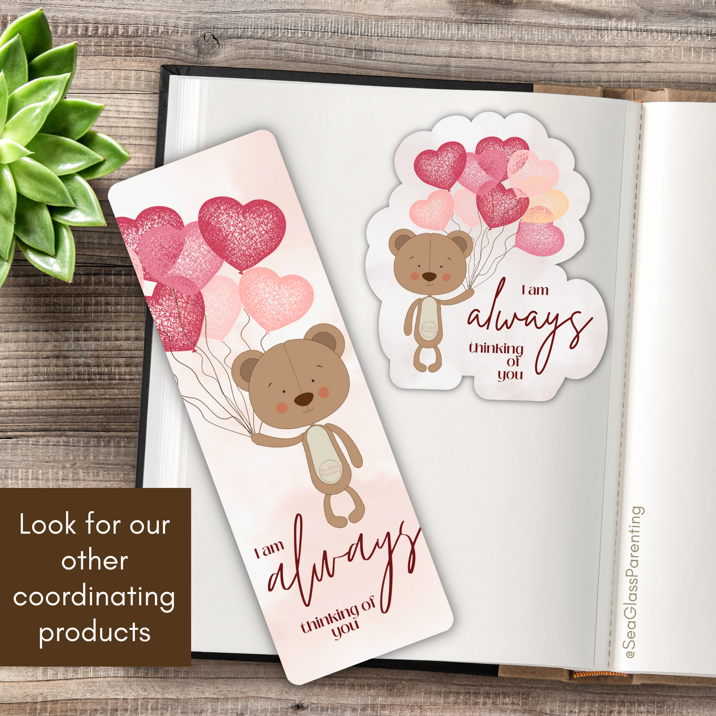 I am ALWAYS thinking of you—Baby Loss Remembrance bear with heart balloons (laminated bookmark)