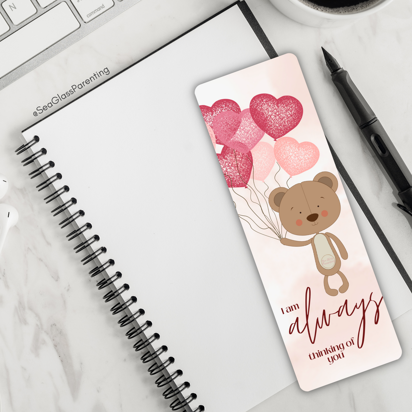 I am ALWAYS thinking of you—Baby Loss Remembrance bear with heart balloons (laminated bookmark)