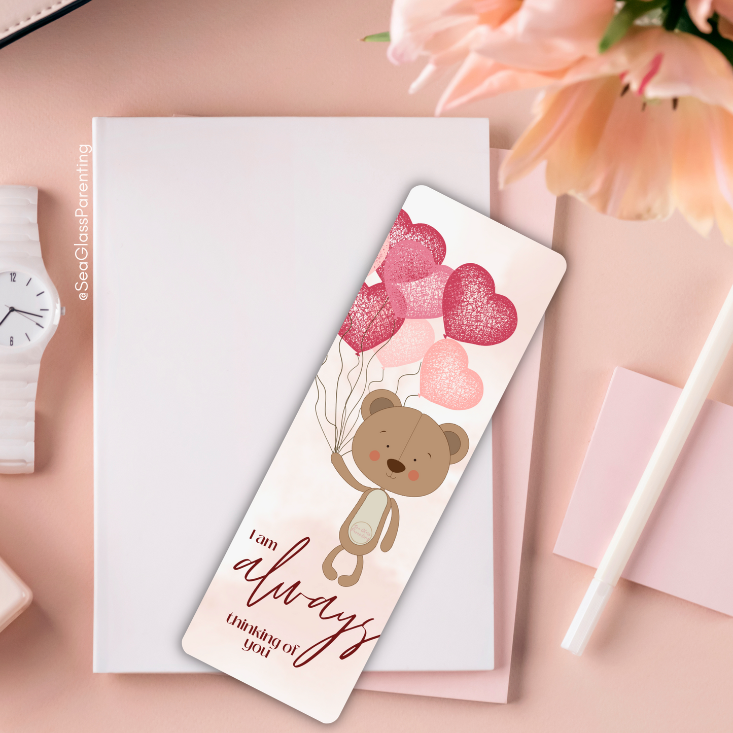 I am ALWAYS thinking of you—Baby Loss Remembrance bear with heart balloons (laminated bookmark)