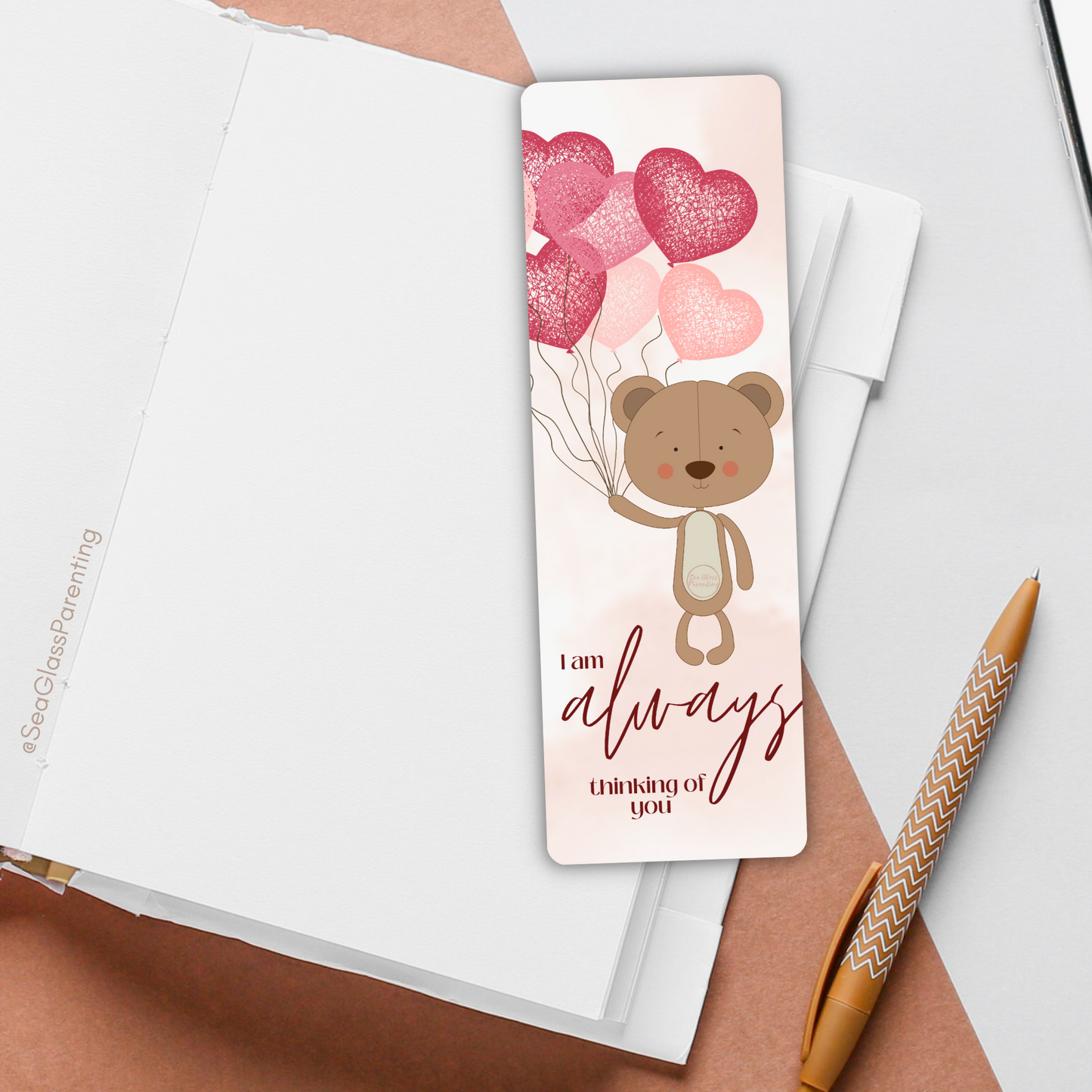 I am ALWAYS thinking of you—Baby Loss Remembrance bear with heart balloons (laminated bookmark)