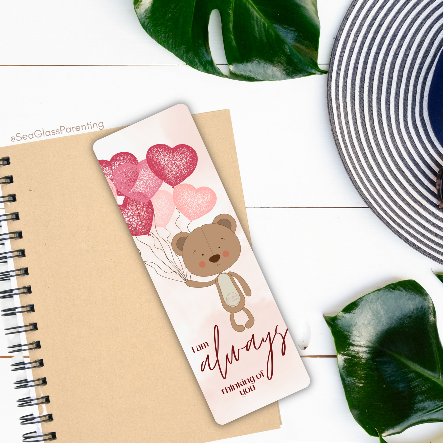 I am ALWAYS thinking of you—Baby Loss Remembrance bear with heart balloons (laminated bookmark)