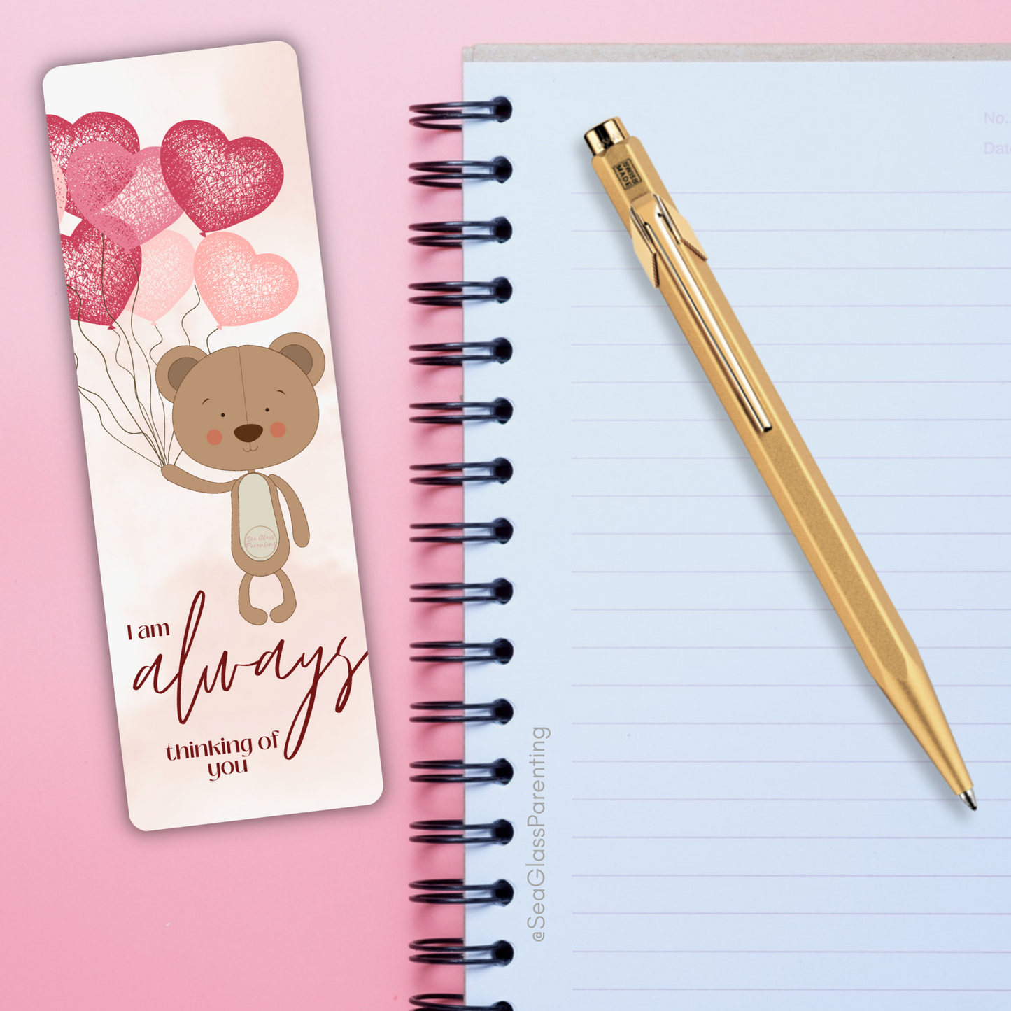 I am ALWAYS thinking of you—Baby Loss Remembrance bear with heart balloons (laminated bookmark)