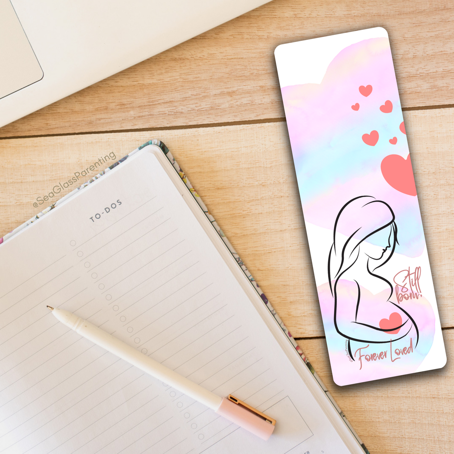 Stillborn; Forever Loved Word Art w/Mama's Pregnant Belly—Baby Loss Remembrance pink blue (laminated bookmark)