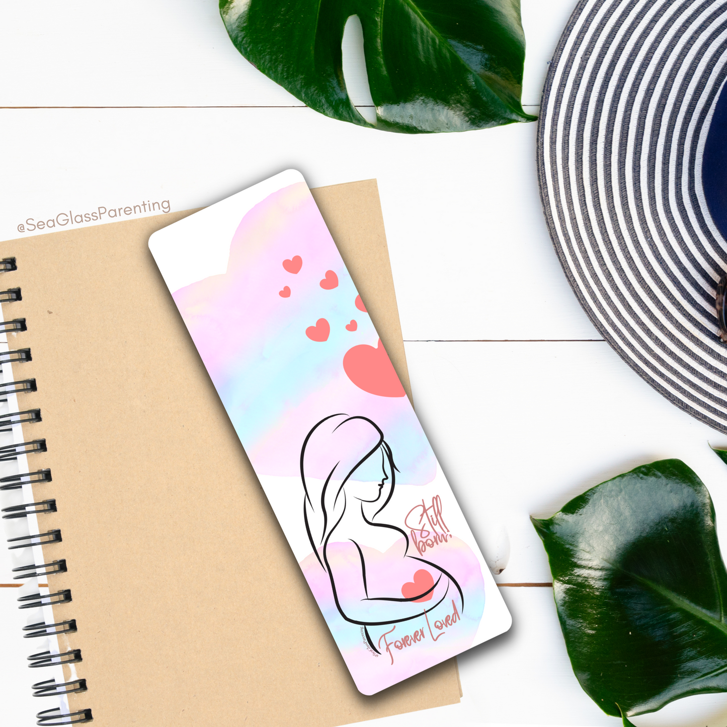 Stillborn; Forever Loved Word Art w/Mama's Pregnant Belly—Baby Loss Remembrance pink blue (laminated bookmark)