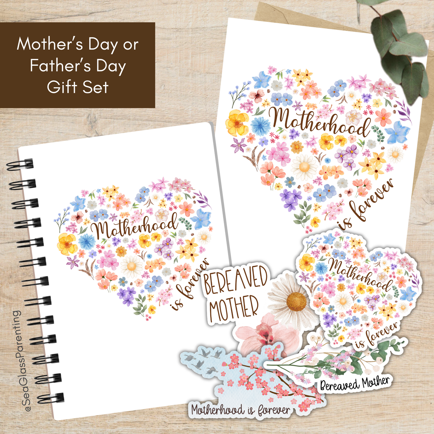 Floral Heart Motherhood/Fatherhood is Forever—Mother's Day, Father's Day (gift set)