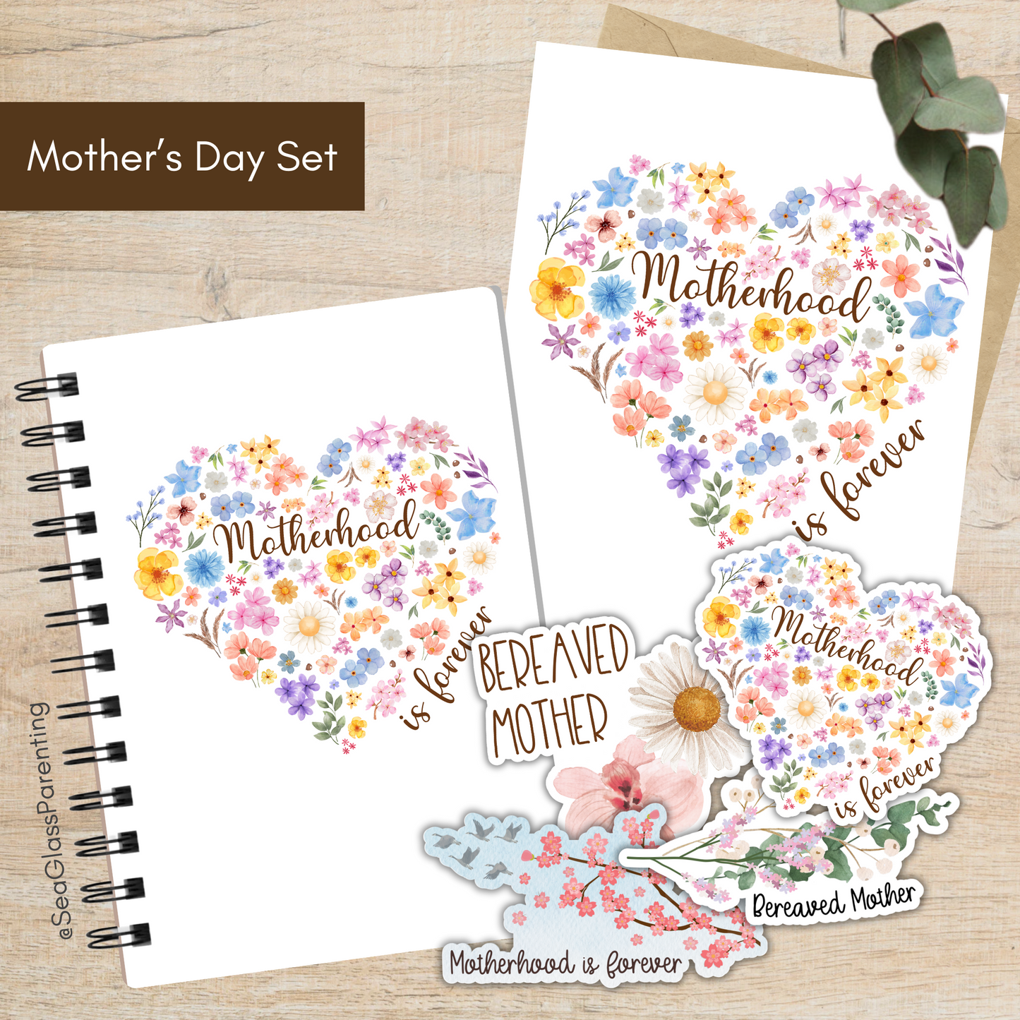 Floral Heart Motherhood/Fatherhood is Forever—Mother's Day, Father's Day (gift set)