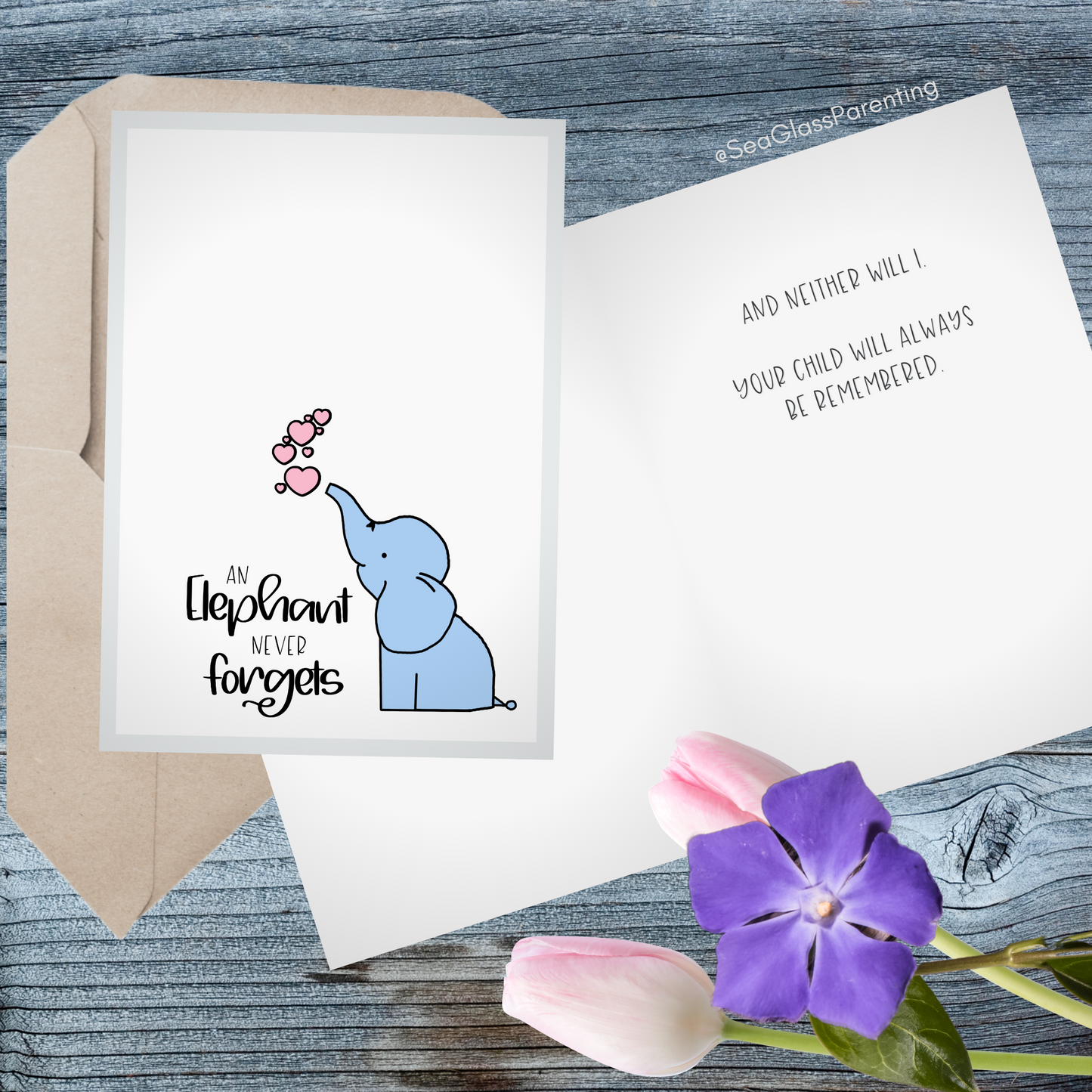 An Elephant Never Forgets with cartoon elephant—Baby loss sympathy & remembrance (greeting card)