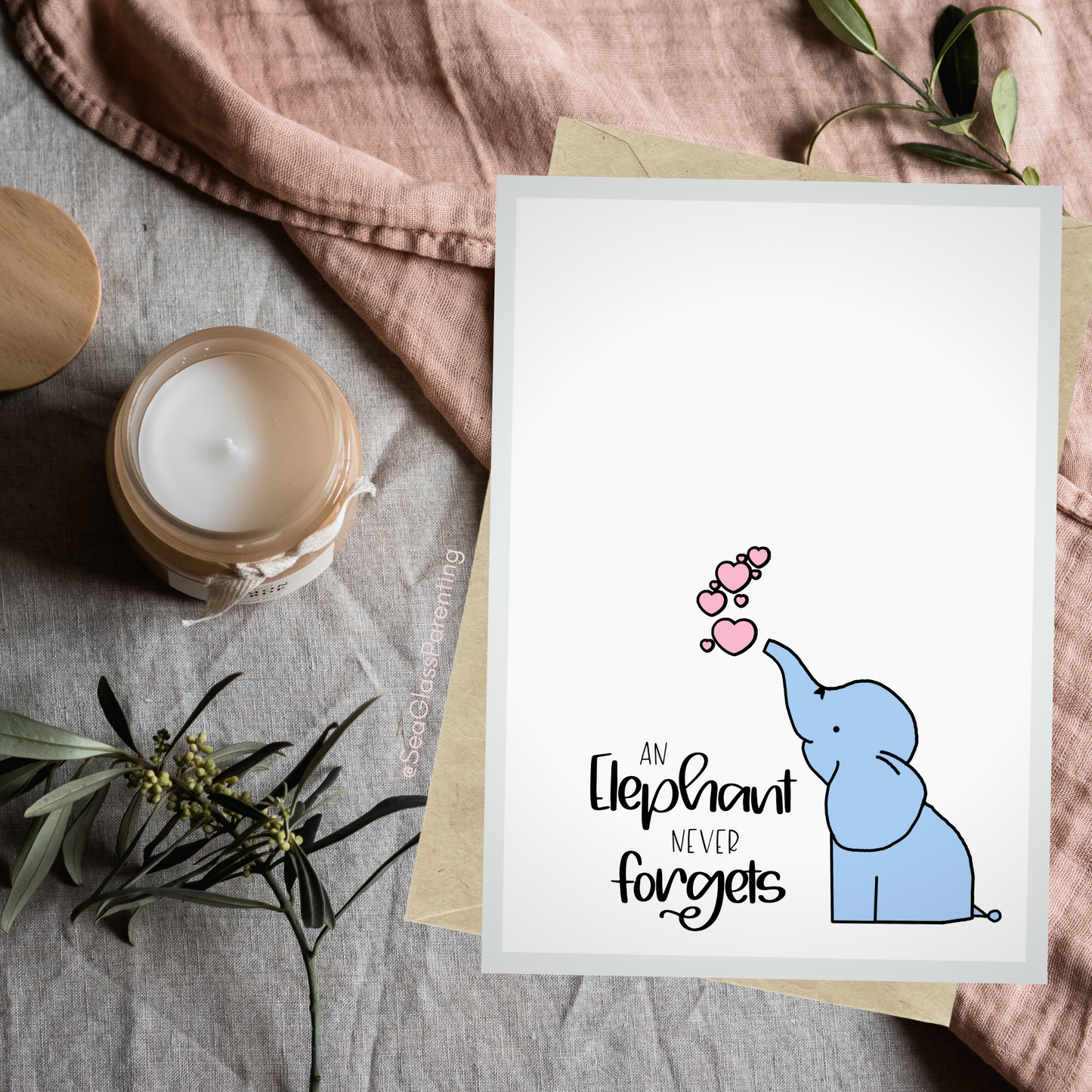 An Elephant Never Forgets with cartoon elephant—Baby loss sympathy & remembrance (greeting card)