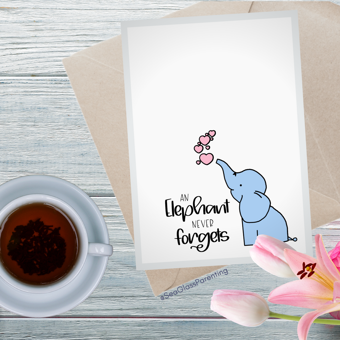 An Elephant Never Forgets with cartoon elephant—Baby loss sympathy & remembrance (greeting card)