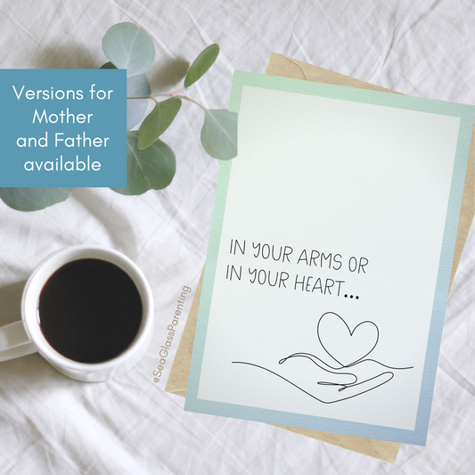 In your arms or in your heart, Honoring your Motherhood/Fatherhood with line art hand with heart—Mothers Day, Fathers Day (greeting card)