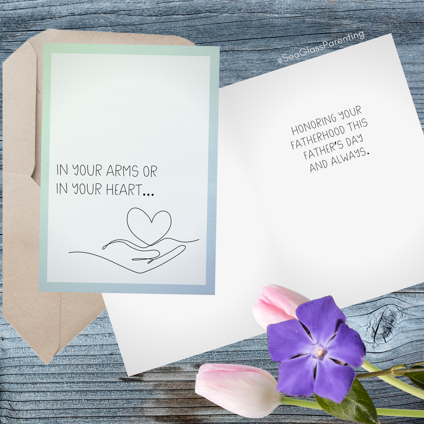 In your arms or in your heart, Honoring your Motherhood/Fatherhood with line art hand with heart—Mothers Day, Fathers Day (greeting card)