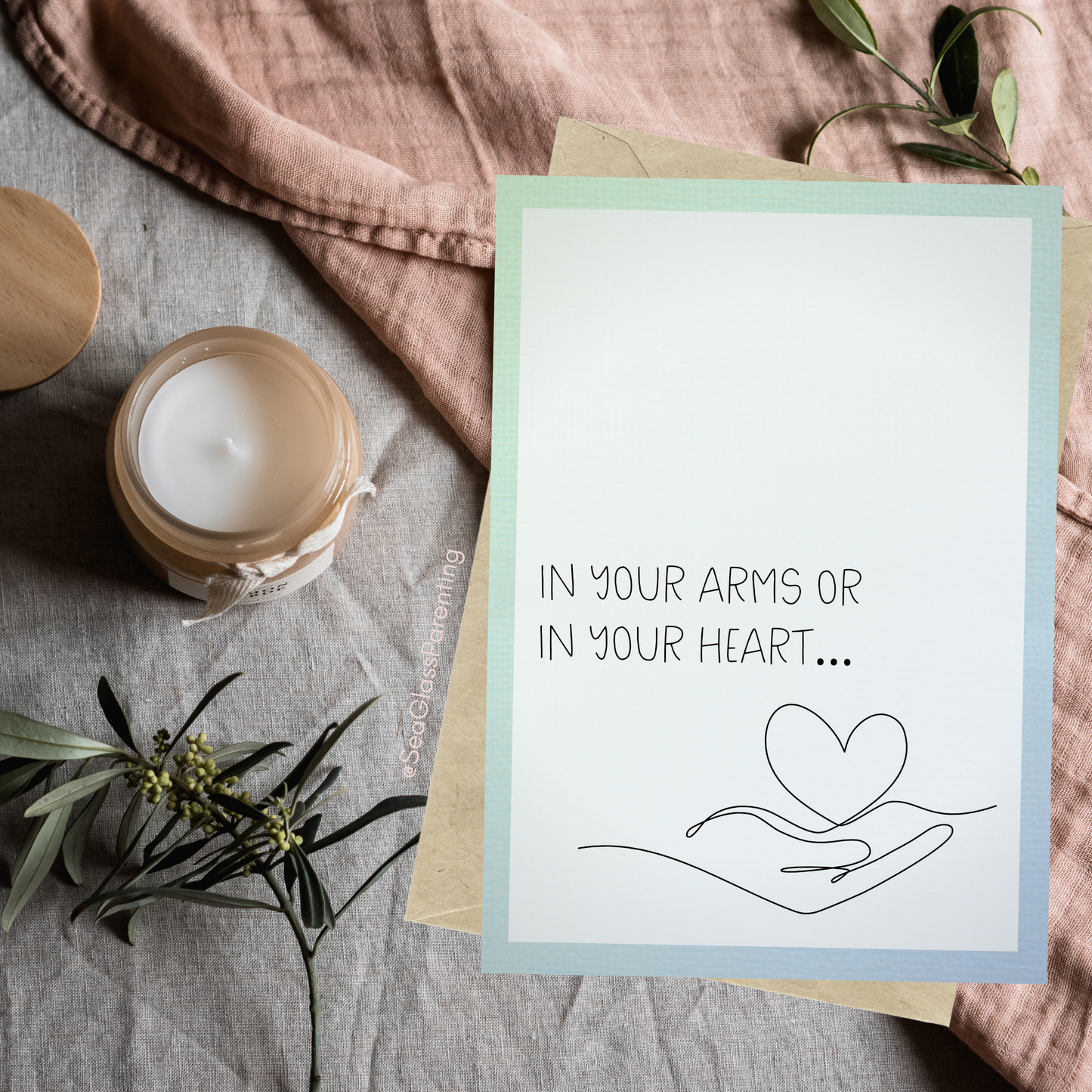 In your arms or in your heart, Honoring your Motherhood/Fatherhood with line art hand with heart—Mothers Day, Fathers Day (greeting card)