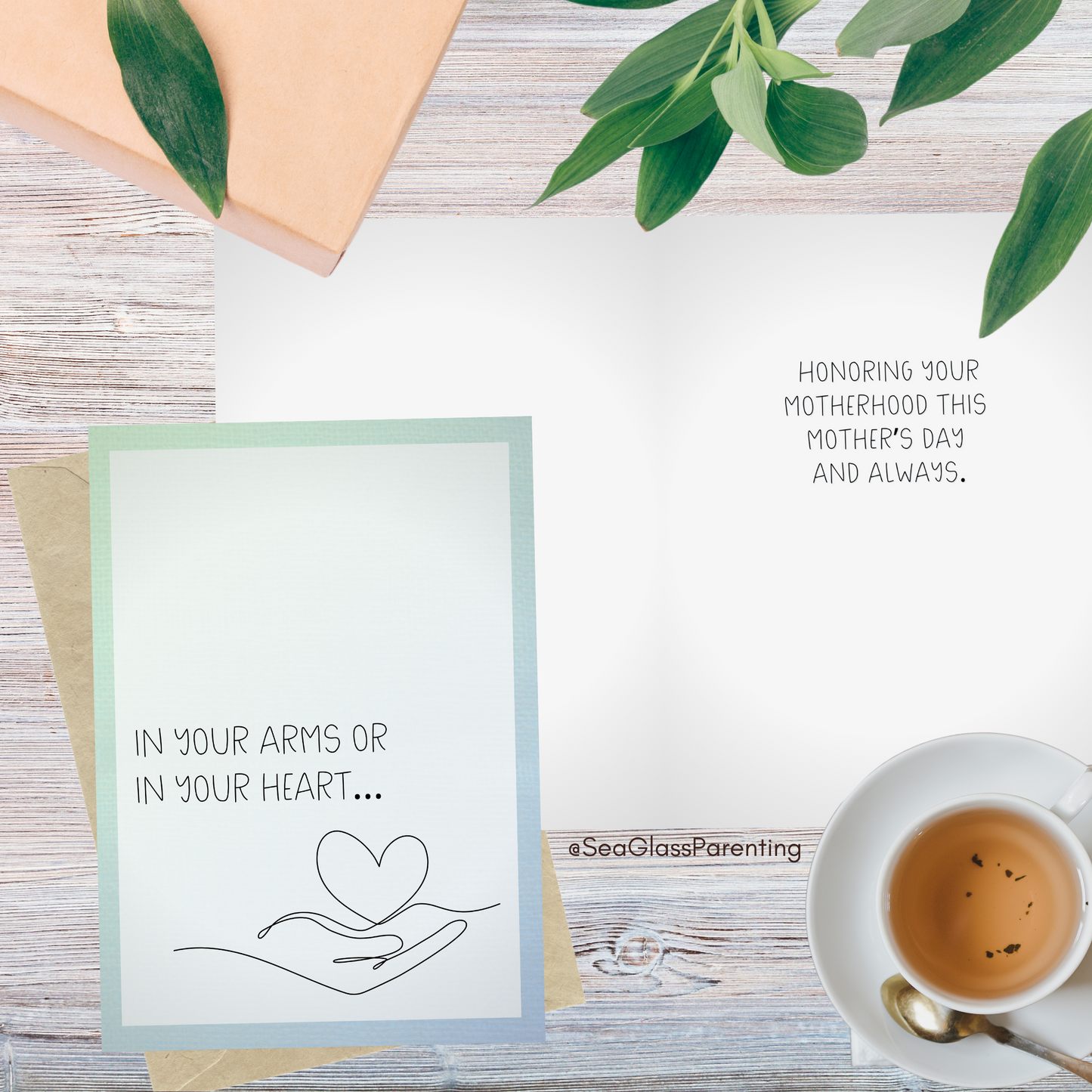 In your arms or in your heart, Honoring your Motherhood/Fatherhood with line art hand with heart—Mothers Day, Fathers Day (greeting card)