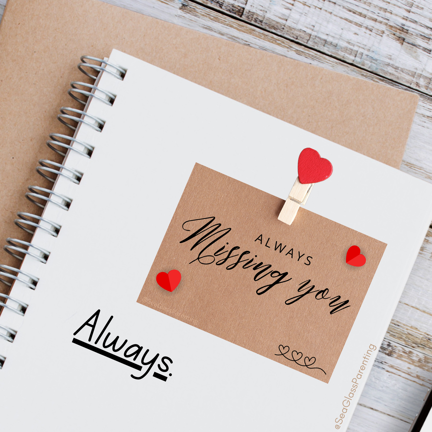 ALWAYS Missing You; brown kraft paper note with hearts—Baby Loss Awareness and Remembrance (vinyl sticker)