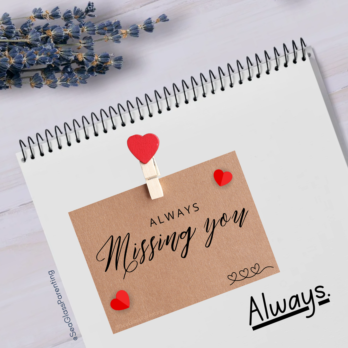 ALWAYS Missing You; brown kraft paper note with hearts—Baby Loss Awareness and Remembrance (vinyl sticker)