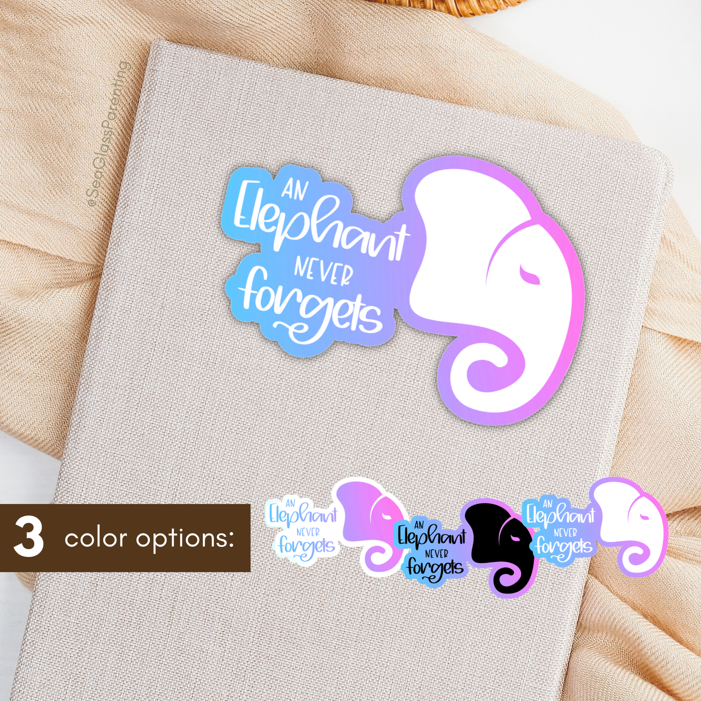 Stylized elephant head never forgets—Baby Loss Remembrance (vinyl sticker)