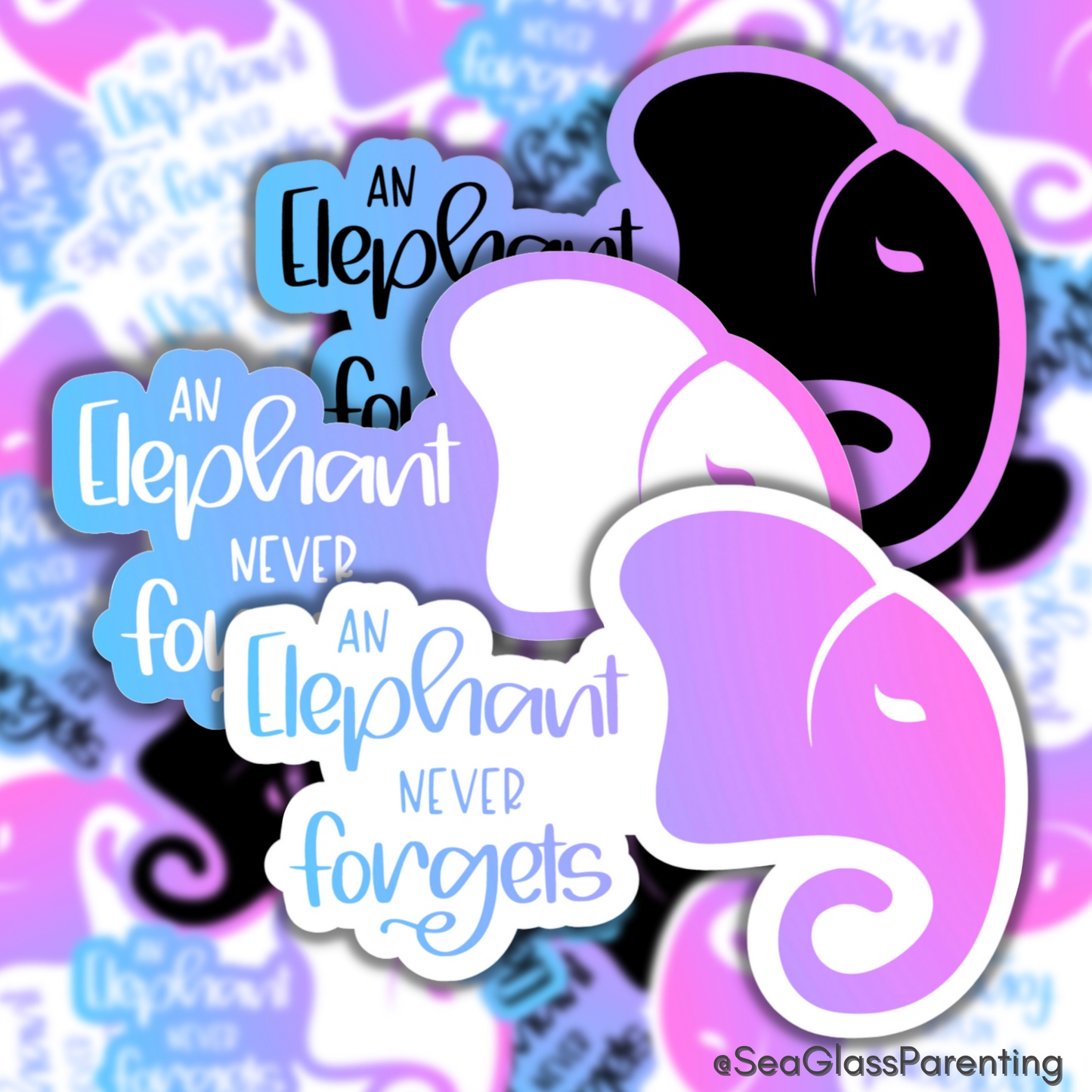 Stylized elephant head never forgets—Baby Loss Remembrance (vinyl sticker)