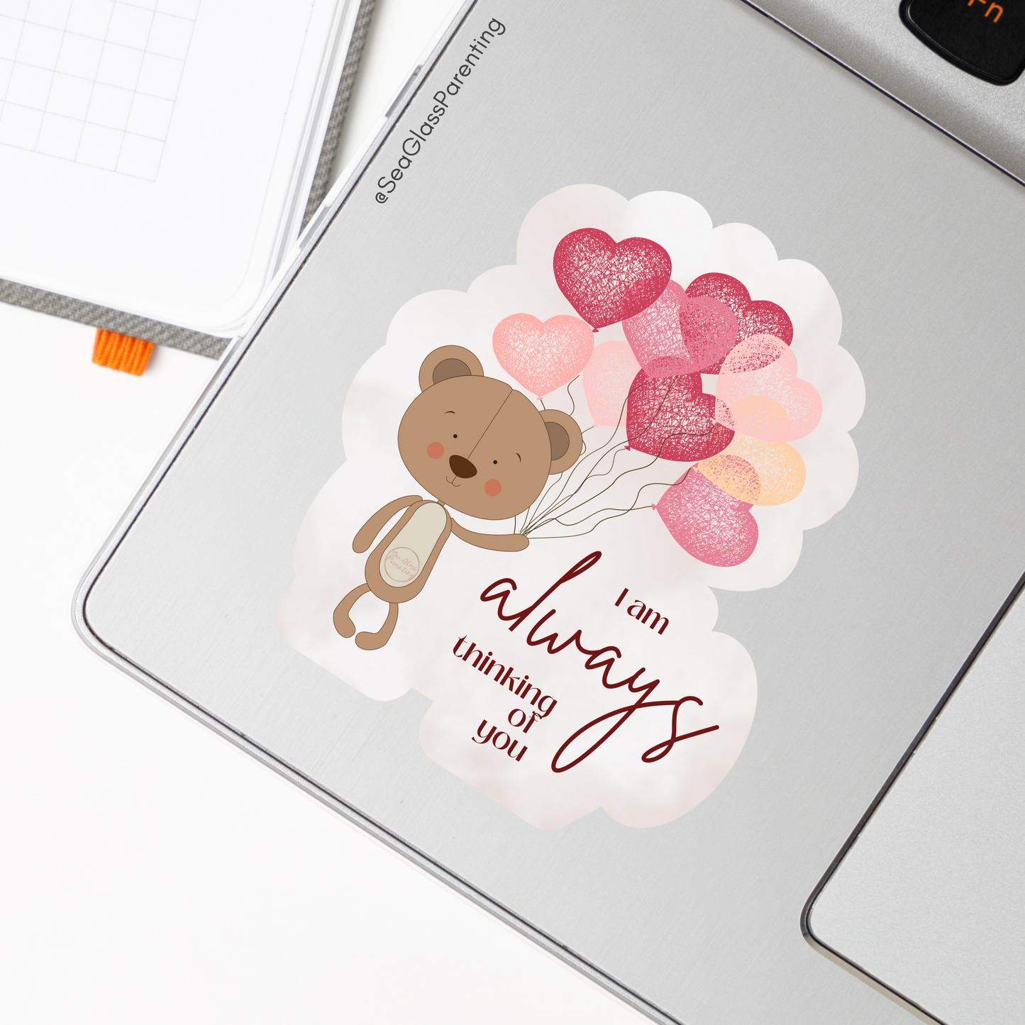 I am ALWAYS thinking of you—Baby Loss Remembrance bear with heart balloons (vinyl sticker)