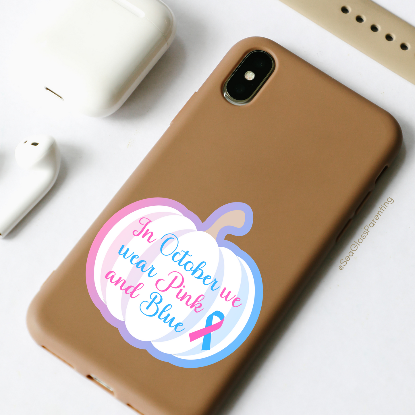 White Pumpkin In October we wear Pink and Blue—Baby Loss Awareness (vinyl sticker)