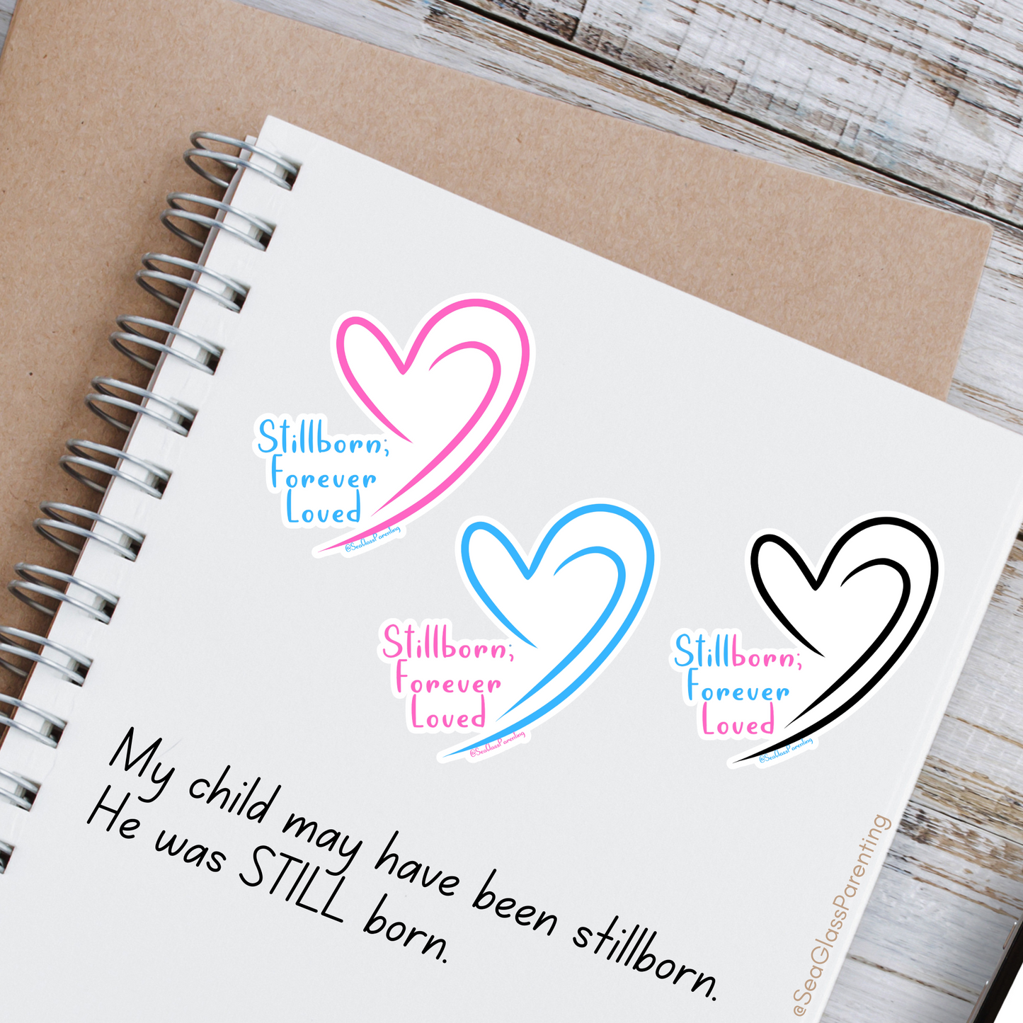 Stillborn; Forever Loved Word Art w/Slanted Pink Blue Hearts—Baby Loss Awareness & Remembrance (vinyl sticker)