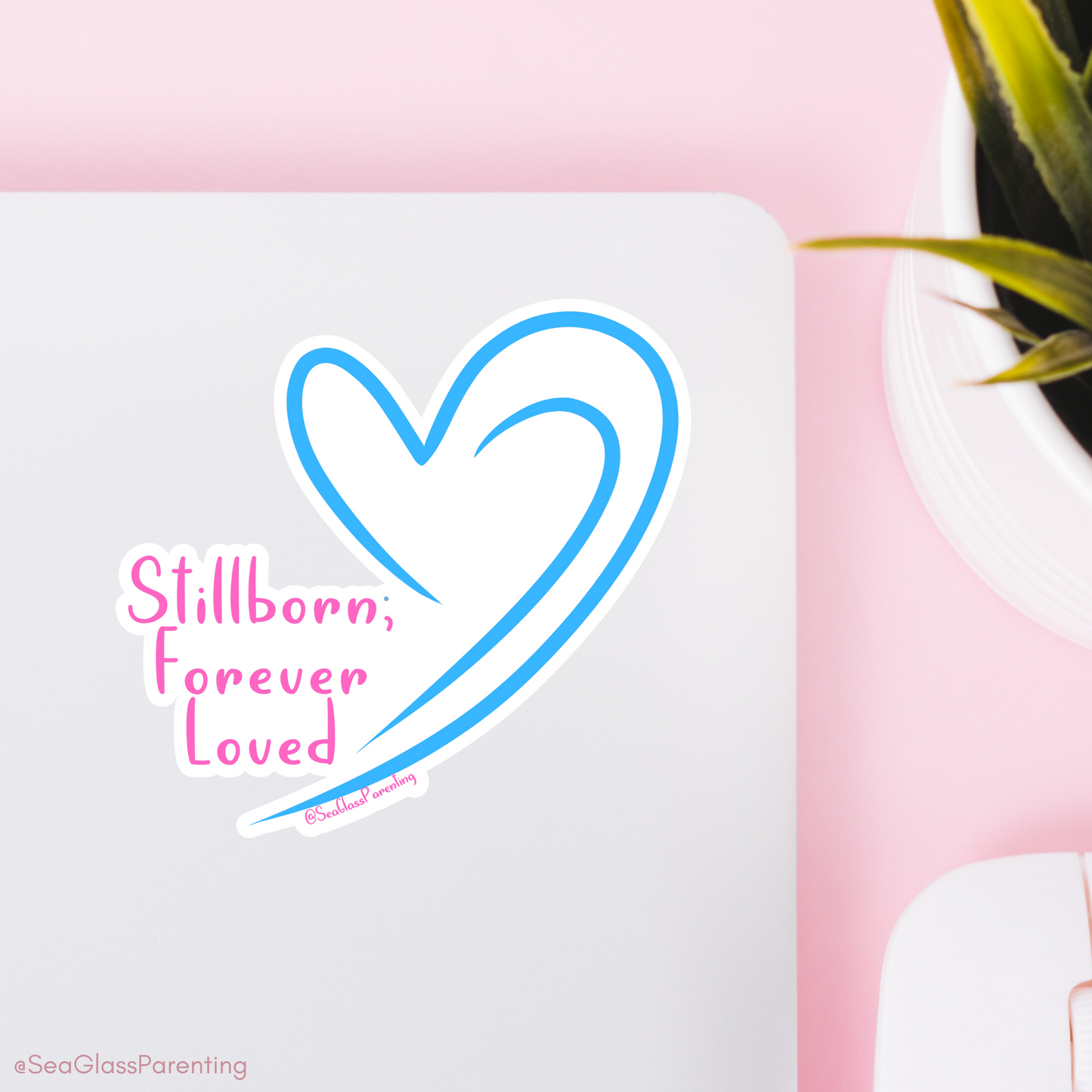 Stillborn; Forever Loved Word Art w/Slanted Pink Blue Hearts—Baby Loss Awareness & Remembrance (vinyl sticker)