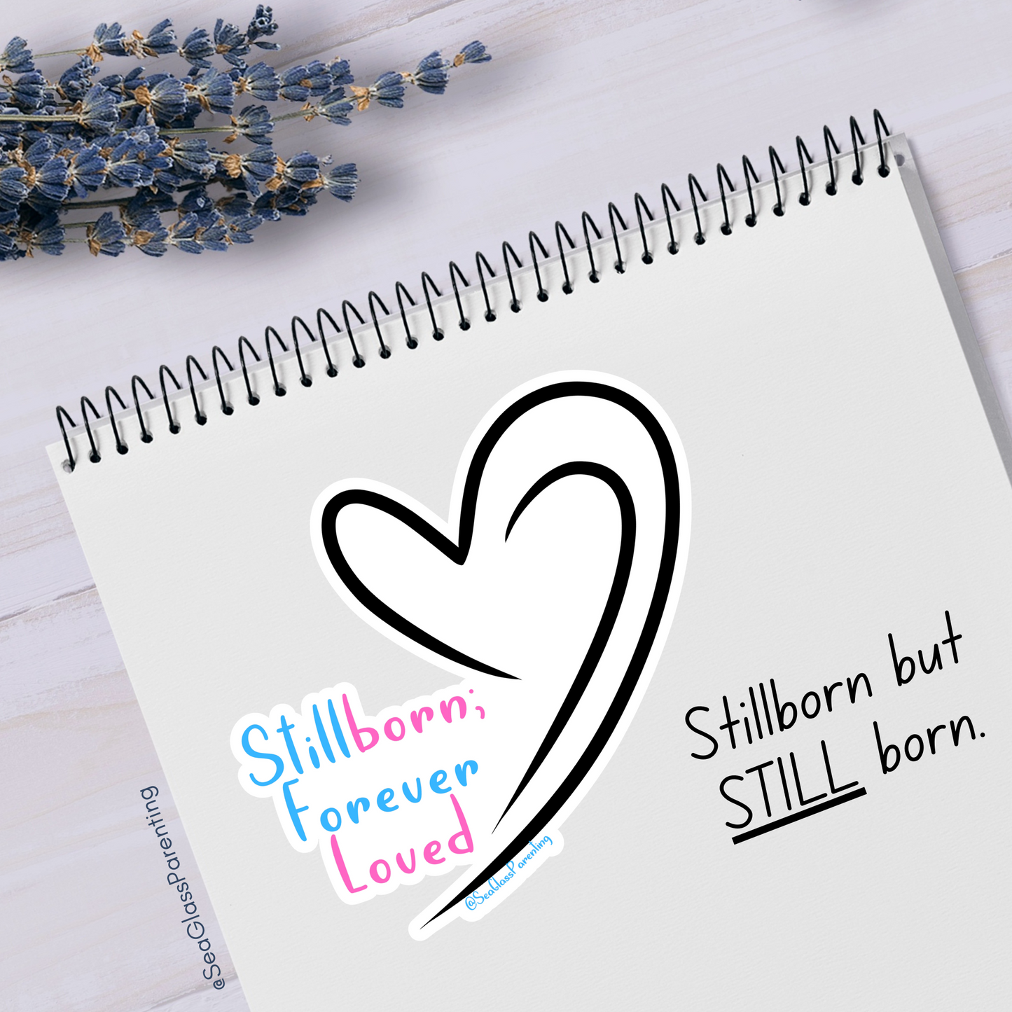 Stillborn; Forever Loved Word Art w/Slanted Pink Blue Hearts—Baby Loss Awareness & Remembrance (vinyl sticker)