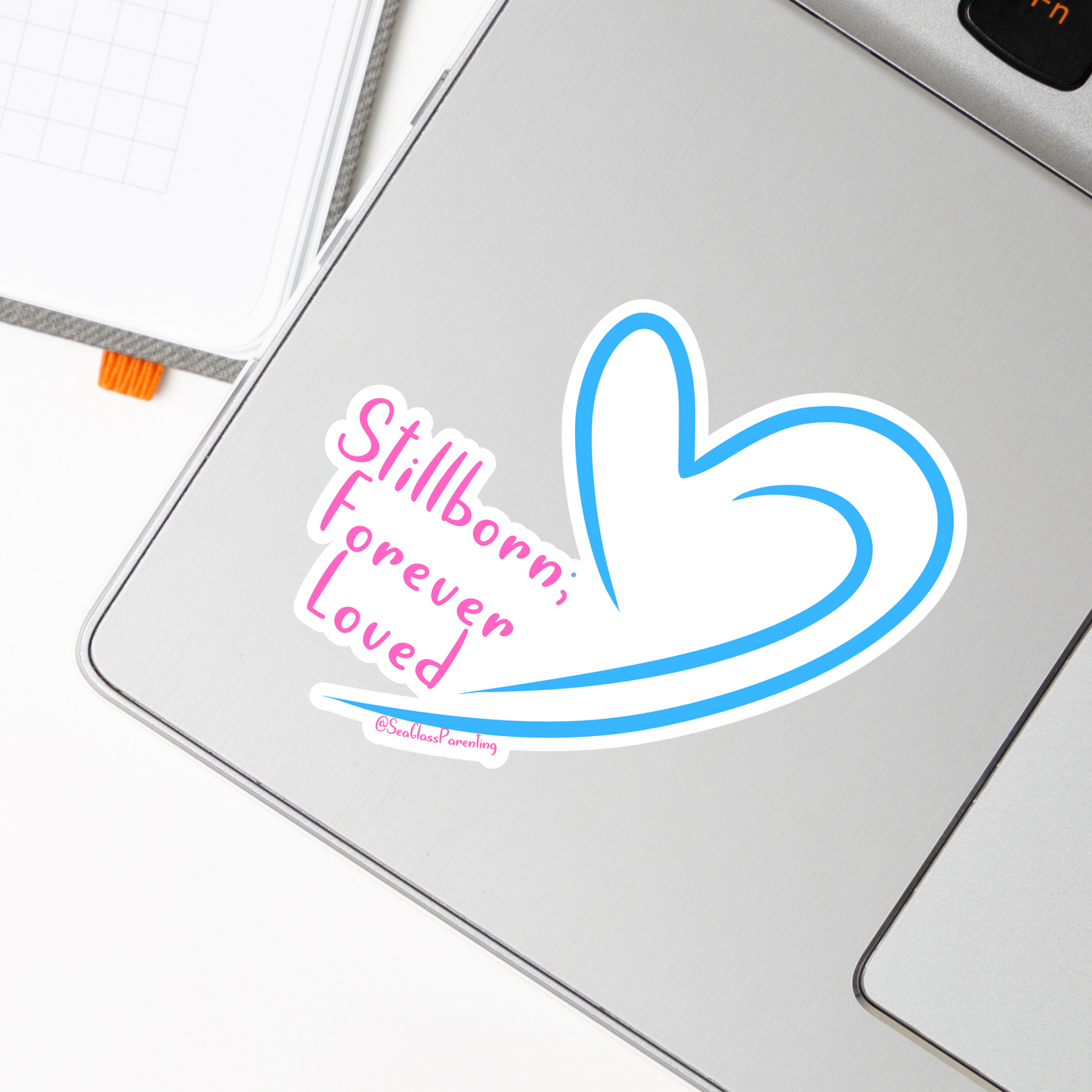 Stillborn; Forever Loved Word Art w/Slanted Pink Blue Hearts—Baby Loss Awareness & Remembrance (vinyl sticker)